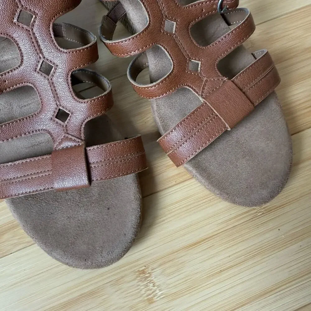 AEROSOLES HEEL REST BROWN LEATHER SPARKLE GLADIATOR ESPADRILLES WEDGES SIZE 9